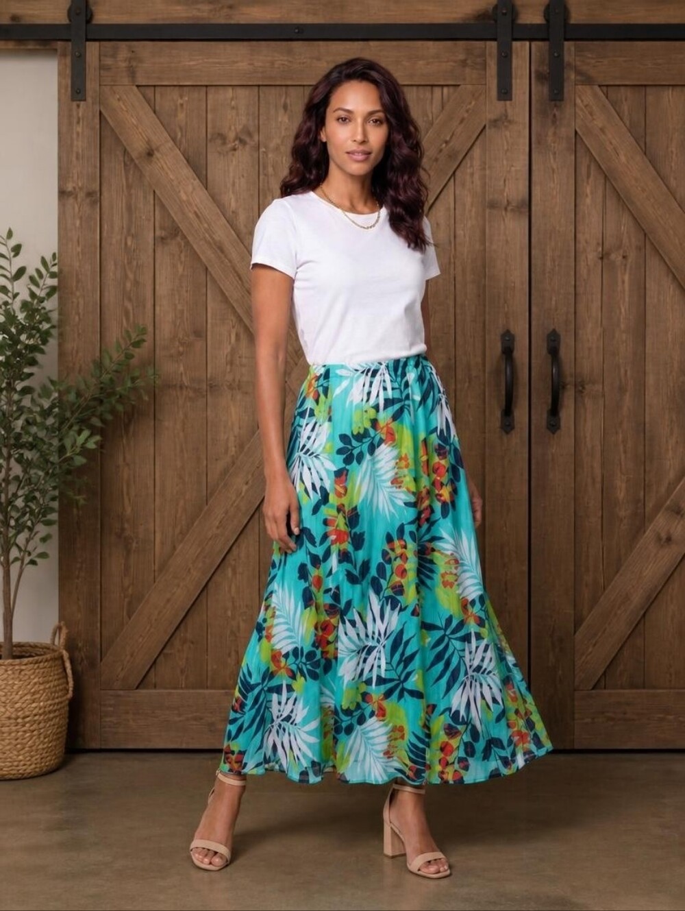 Ruby Rd. Teal Tropical Print Maxi Skirt